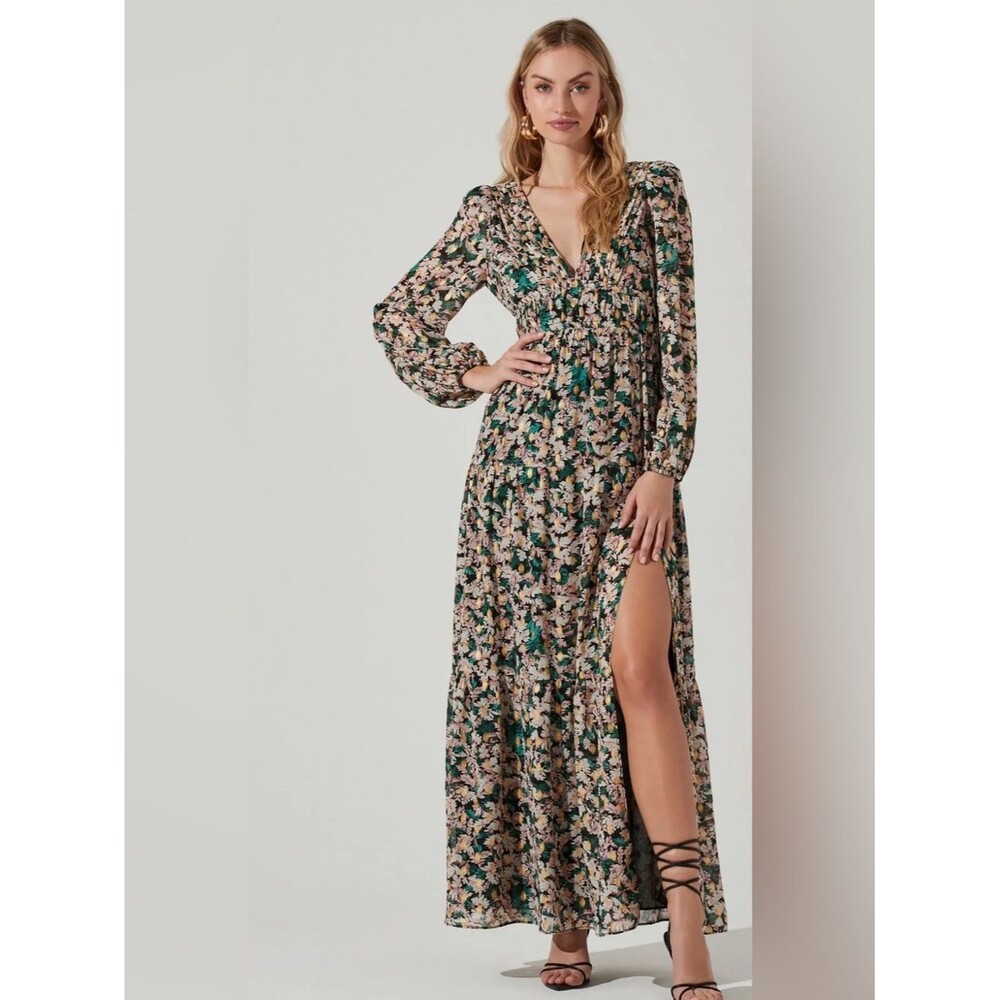 ASTR The Label Francesca pleated long maxi dress in black floral multi medium